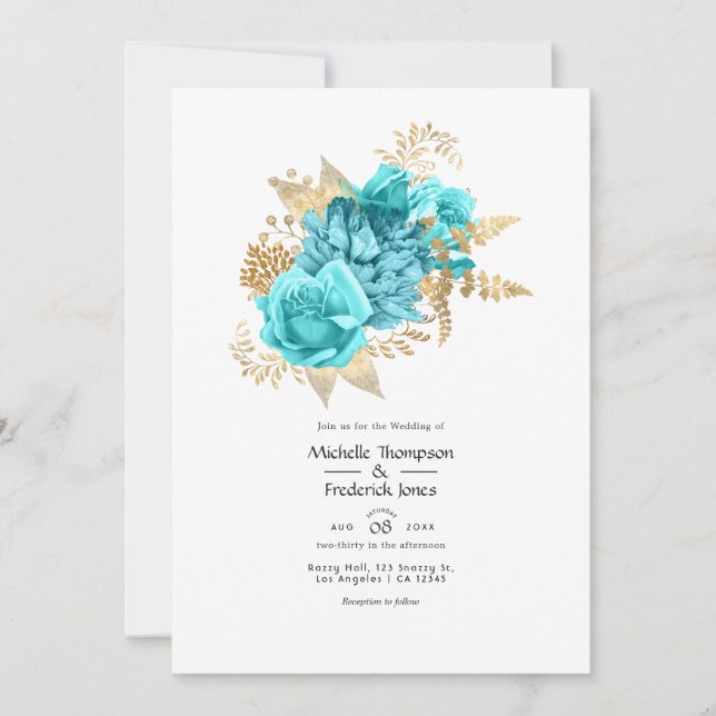 Invitation Mariage floral Aqua et Or (Devant)