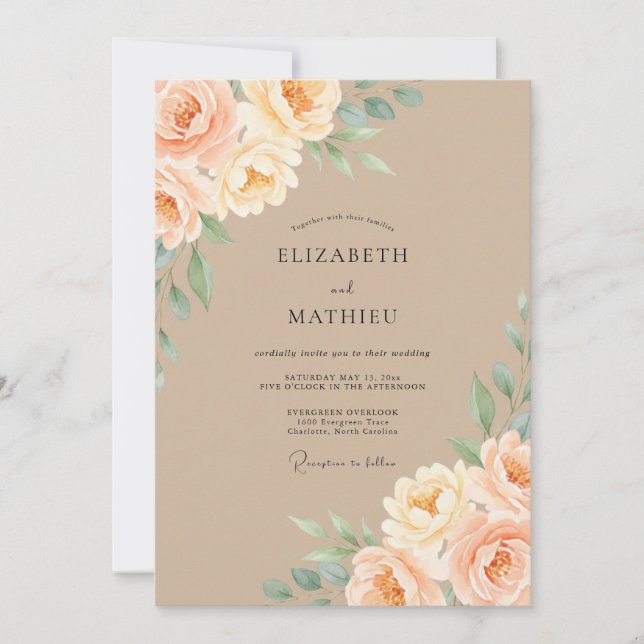 Invitation Mariage Floral Aquarelle Abricot Tan (Devant)