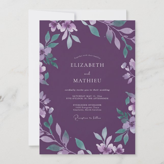 Invitation Mariage Floral Aquarelle Améthyste (Devant)
