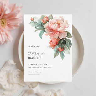 Invitation Mariage Floral Aquarelle au Corail Rose Pivoine