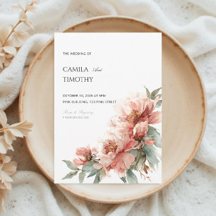 Invitation Mariage Floral Aquarelle au Corail Rose Pivoine