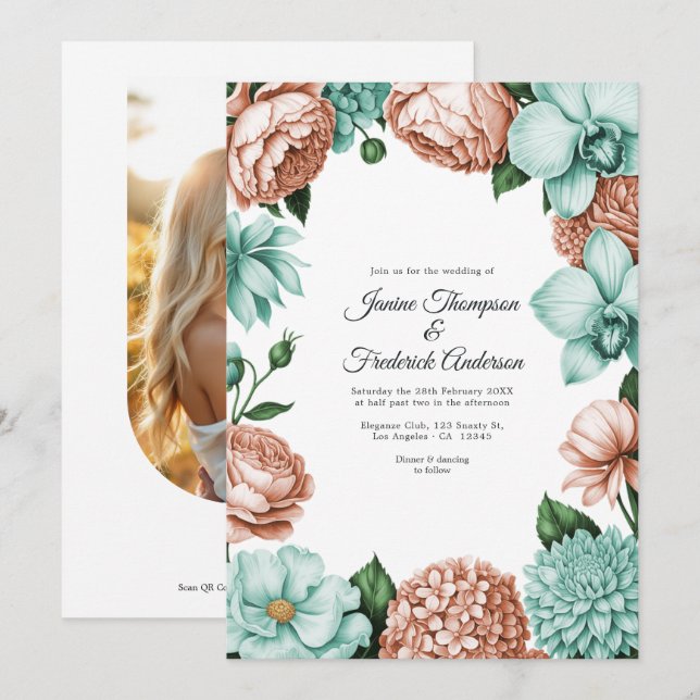Invitation Mariage Floral Aquarelle au Soft Peach & Mint (Devant / Derrière)