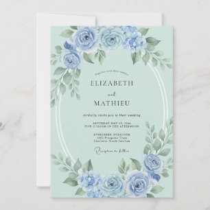Invitation Mariage Floral Aquarelle Azur Menthe
