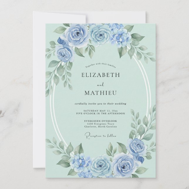 Invitation Mariage Floral Aquarelle Azur Menthe (Devant)