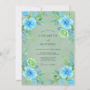 Invitation Mariage Floral Aquarelle Azure et Sauge