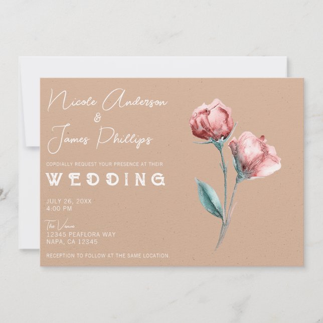 Invitation Mariage Floral Aquarelle Beige Pêche (Devant)