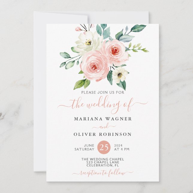 Invitation Mariage Floral Aquarelle Blanc et Pêche (Devant)
