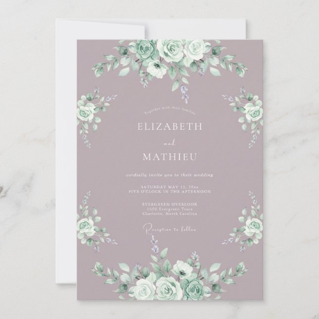Invitation Mariage Floral Aquarelle Blanc Mauve (Devant)