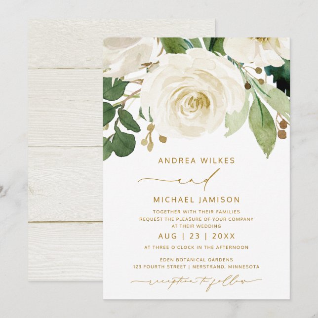 Invitation Mariage Floral Aquarelle Blanc Verdure (Devant / Derrière)
