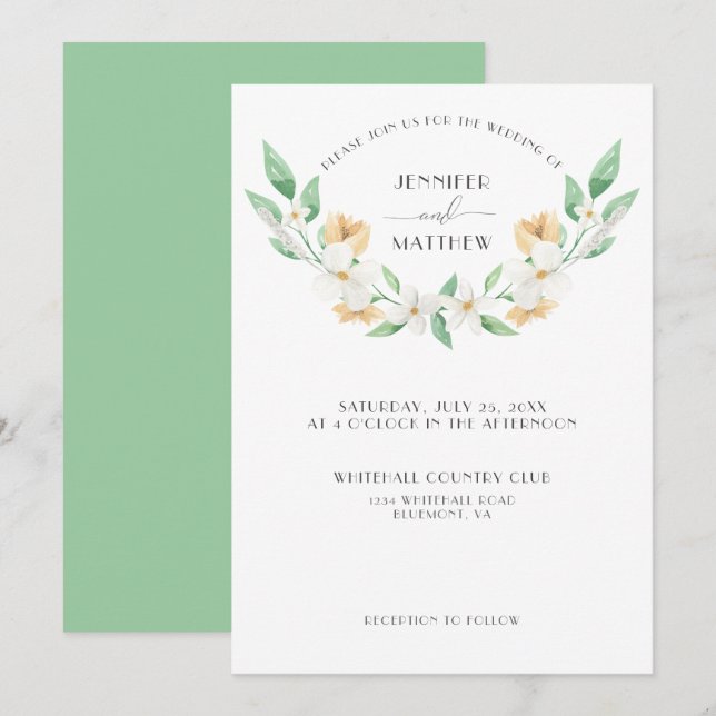 Invitation Mariage floral aquarelle blanc vert jaune (Devant / Derrière)