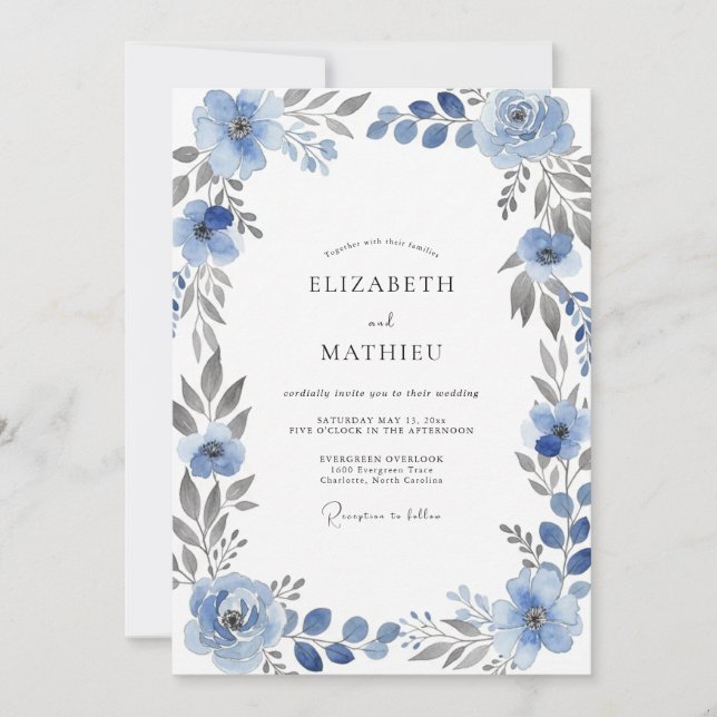 Invitation Mariage Floral Aquarelle Bleu Acier (Devant)