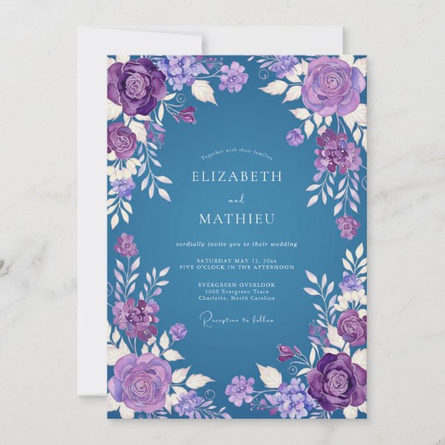 Invitation Mariage floral aquarelle bleu acier violet (Devant)