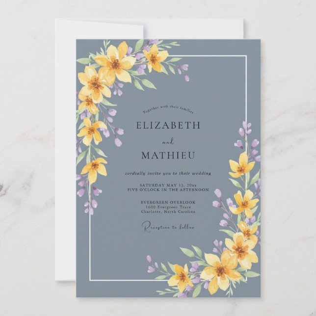 Invitation Mariage Floral Aquarelle Bleu Ardoise (Devant)