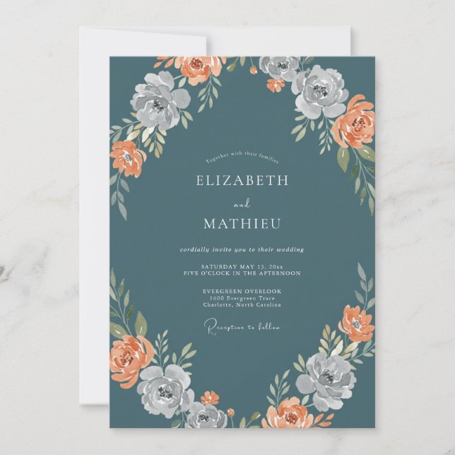 Invitation Mariage Floral Aquarelle Bleu Ardoise et Pêche (Devant)
