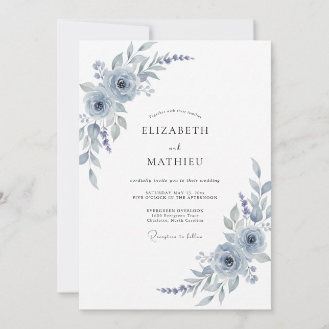 Invitation Mariage Floral Aquarelle Bleu Argent (Devant)