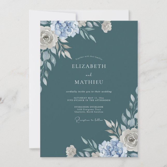Invitation Mariage Floral Aquarelle Bleu Canard (Devant)