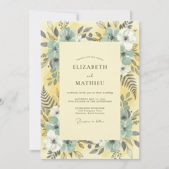 Invitation Mariage Floral Aquarelle Bleu Canari (Devant)