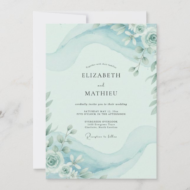 Invitation Mariage Floral Aquarelle Bleu Ciel (Devant)