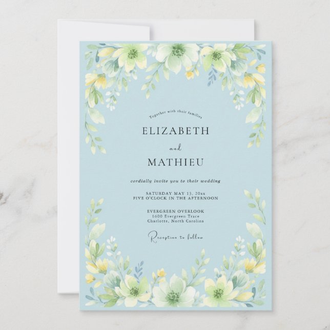Invitation Mariage Floral Aquarelle Bleu Clair (Devant)