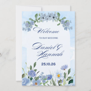 Invitation mariage floral aquarelle bleu et blanc