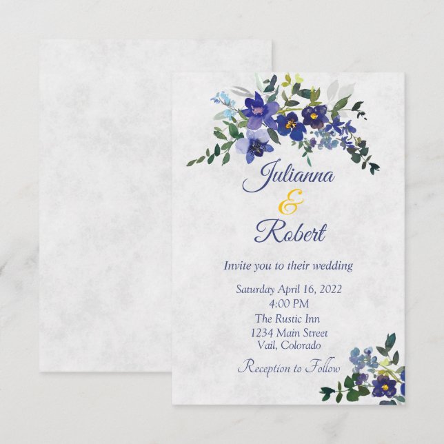Invitation Mariage floral aquarelle bleu et jaune (Devant / Derrière)