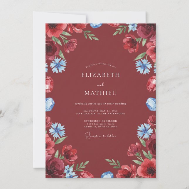 Invitation Mariage Floral Aquarelle Bleu Grenat (Devant)