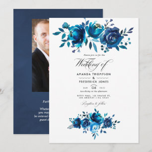 Invitation Mariage floral aquarelle bleu marine et blanc