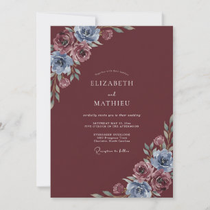 Invitation Mariage Floral Aquarelle Bleu Marron