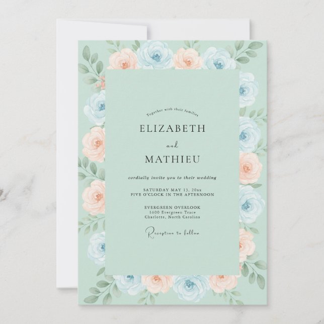 Invitation Mariage Floral Aquarelle Bleu Menthe (Devant)
