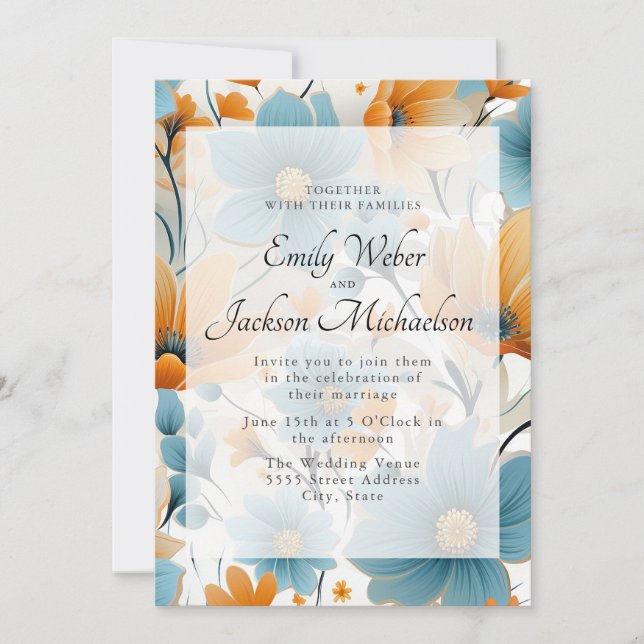 Invitation Mariage Floral Aquarelle Bleu Pêche  (Devant)