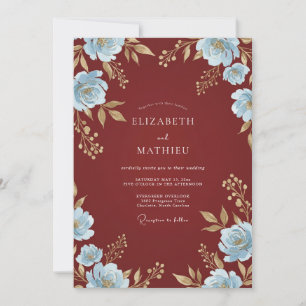 Invitation Mariage Floral Aquarelle Bleu Poudre Rouille