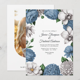 Invitation Mariage Floral Aquarelle Bleu Poussière et Gris Cl