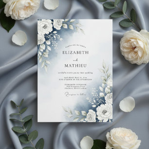 Invitation Mariage Floral Aquarelle Bleu Poussiéreux