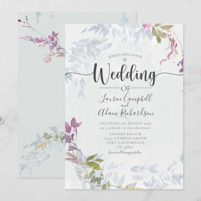 Invitation Mariage Floral Aquarelle Bleu Poussiéreux Rustique (Devant / Derrière)