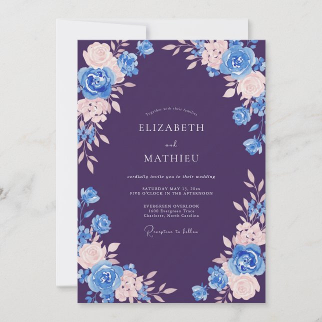 Invitation Mariage Floral Aquarelle Bleu Prune (Devant)