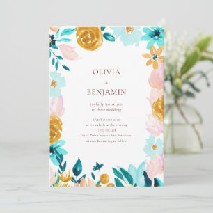 Invitation Mariage Floral Aquarelle Bleu Vert Classique