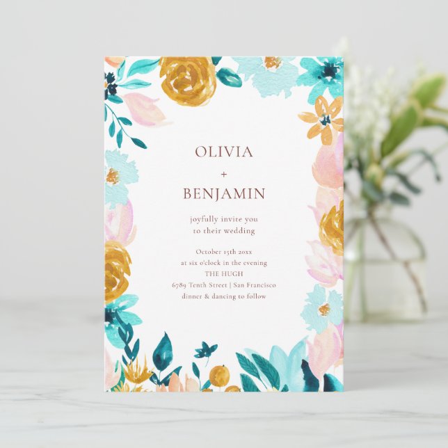Invitation Mariage Floral Aquarelle Bleu Vert Classique (Debout devant)