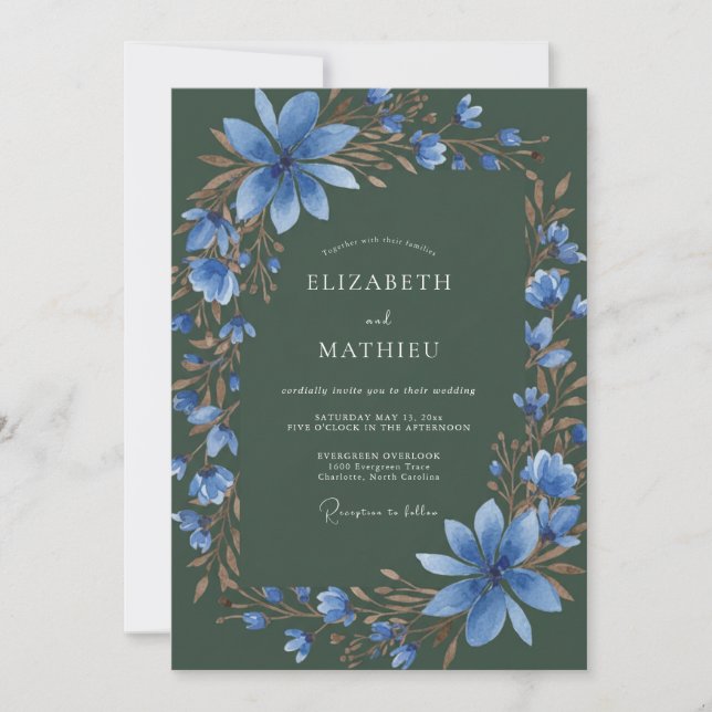 Invitation Mariage Floral Aquarelle Bleu Vert Forêt (Devant)