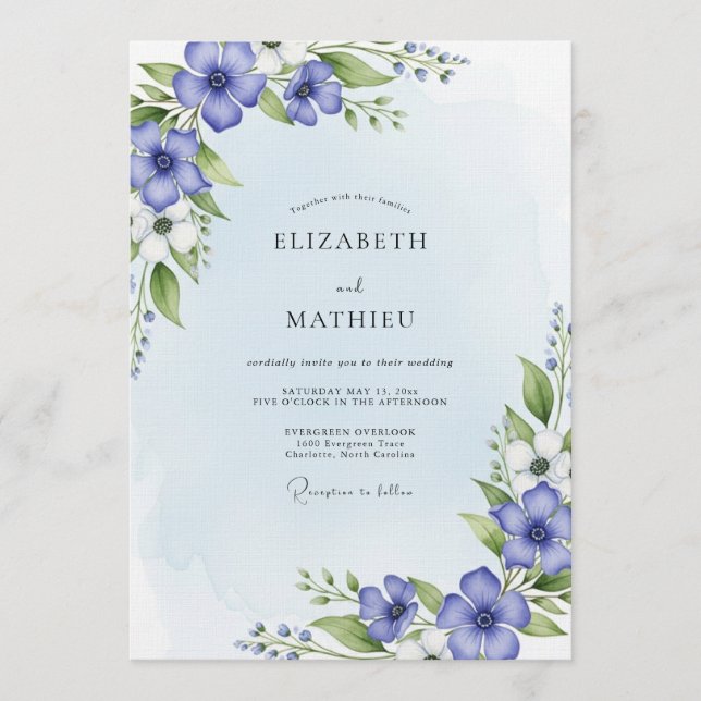 Invitation Mariage Floral Aquarelle Bleue (Devant)