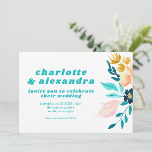 Invitation Mariage Floral Aquarelle Bohème Bleu Sarcelle et O