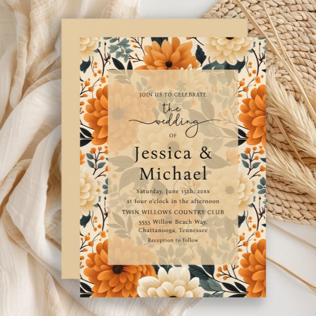 Invitation Mariage Floral Aquarelle Bohème Rustique d'Automne (Burnt orange and cream watercolor floral wedding invitation)