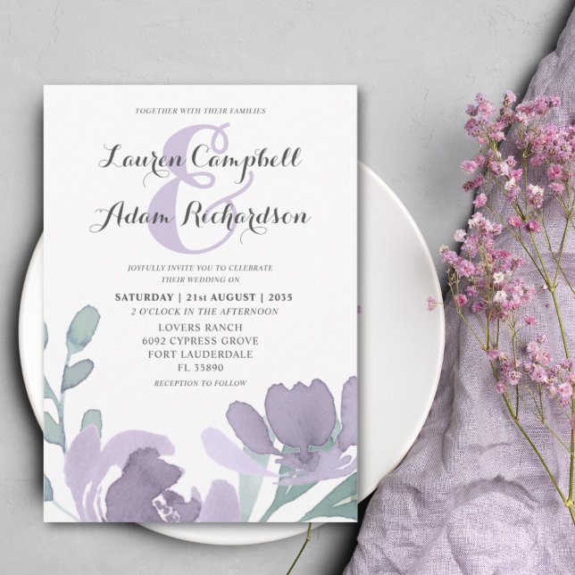 Invitation Mariage Floral Aquarelle Boho Violet Poussiéreux  (Créateur téléchargé)