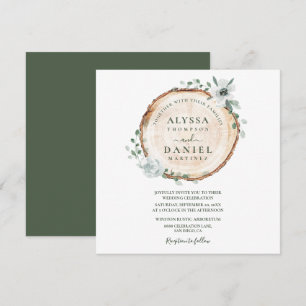 Invitation Mariage floral aquarelle Bois rustique coupé Sauge