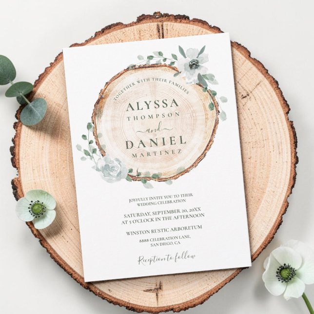Invitation Mariage floral aquarelle Bois rustique coupé Sauge (Boho watercolor florals with rustic wood cut slice wedding invitation.)