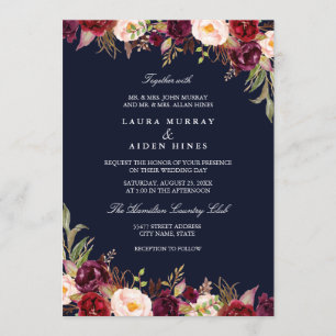 Invitation Mariage Floral Aquarelle Bordeaux Marine de Marsal