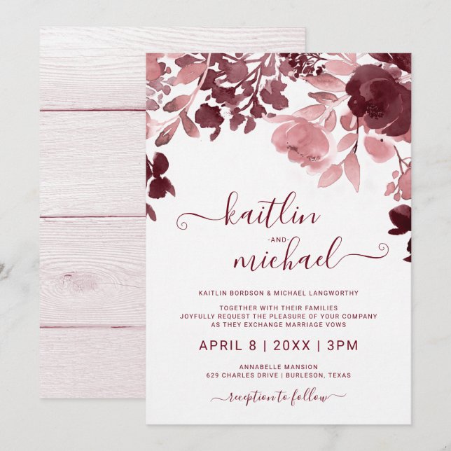 Invitation Mariage Floral Aquarelle - Bordeaux & Rose (Devant / Derrière)