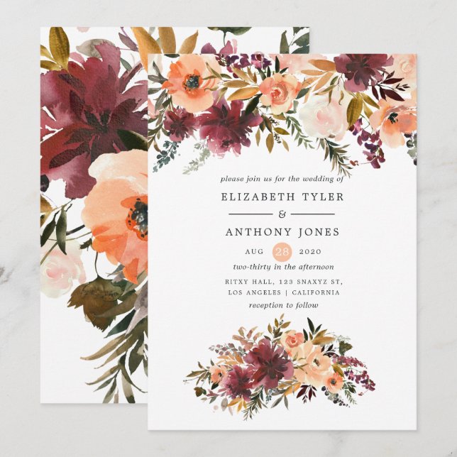Invitation Mariage floral aquarelle Bordo Peach (Devant / Derrière)