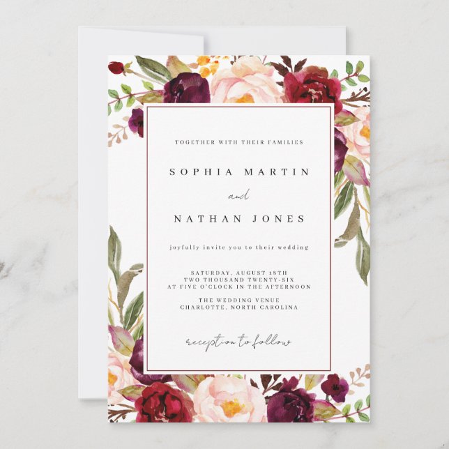 Invitation Mariage Floral Aquarelle Bourgogne (Devant)