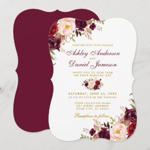 Invitation Mariage Floral Aquarelle Bourgogne Support Doré