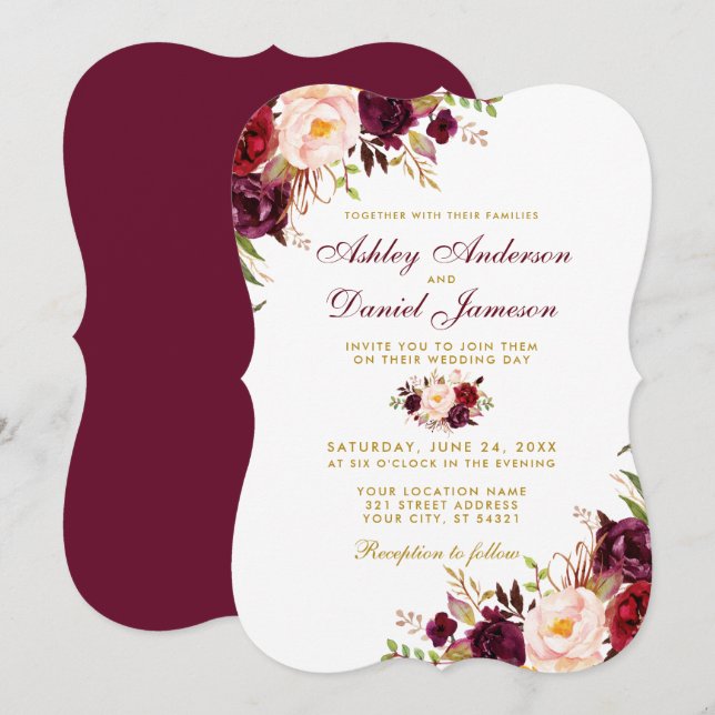 Invitation Mariage Floral Aquarelle Bourgogne Support Doré (Devant / Derrière)
